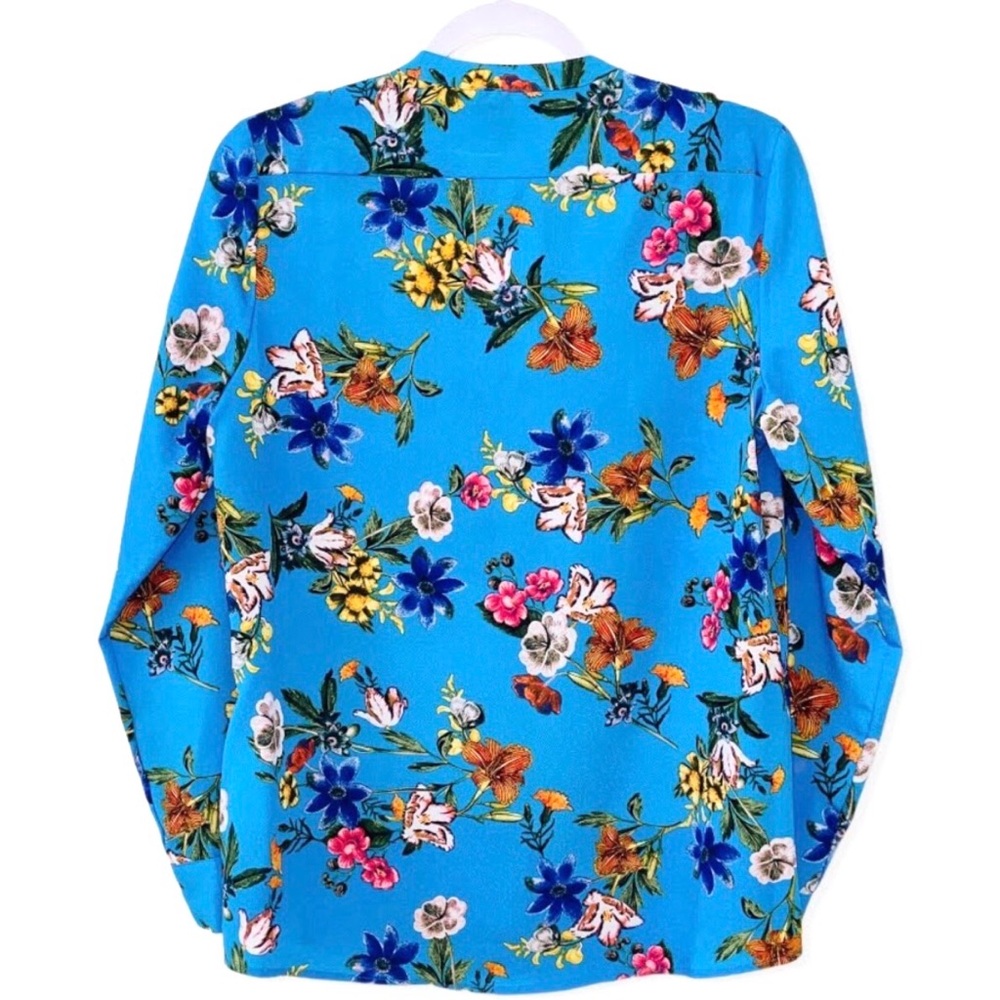 Calvin Klein Georgette Floral Blouse Roll-Sleeves Pockets Long Sleeve Blue - Picture 10 of 10